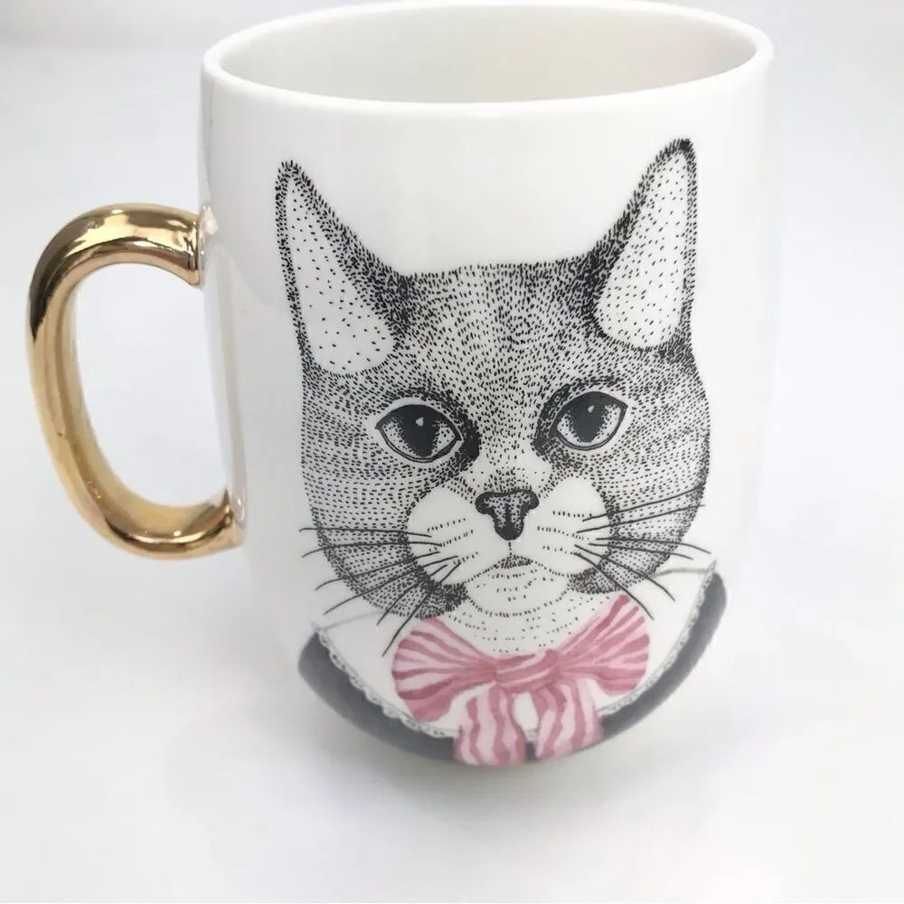 Pier 1 Fancy Cat Black White Pink Stripe Bow Double Sided Graphic China Mug